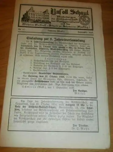 Heft der Schule " Wilhelm-Gustloff-Schule" in Schwerin September 1939 , Chronik , Mecklenburg !!!