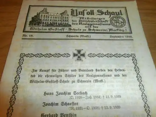 Heft der Schule " Wilhelm-Gustloff-Schule" in Schwerin September 1940 , Chronik , Mecklenburg !!!