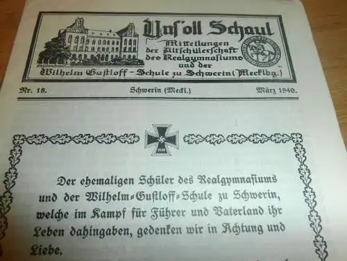 Heft der Schule " Wilhelm-Gustloff-Schule" in Schwerin März 1940 , Chronik , Mecklenburg !!!