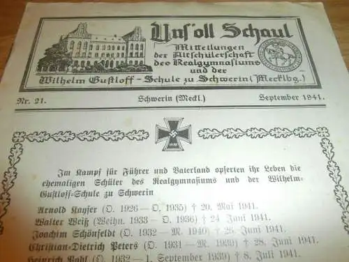 Heft der Schule " Wilhelm-Gustloff-Schule" in Schwerin September 1941 , Chronik , Mecklenburg !!!