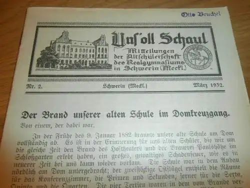 Heft der Schule " Uns oll Schaul" in Schwerin März 1932, Chronik , Mecklenburg ,mit Mitglieder- und Schülerverzeichnis