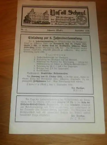 Heft der Schule " Uns oll Schaul" in Schwerin Sept. 1938, Chronik , Mecklenburg ,mit Mitglieder- und Schülerverzeichnis