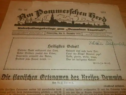 Demminer Zeitung 31.Dezember 1931 , slavische Ortsnamen im Kreis Demmin , Slaven , Seidenbau , Pommern !!!