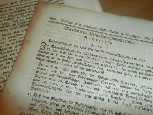 Konvolut Beylagen zu Rostocker Zeitung ,1828 , Malchow Urkunden-Inventarium , Schulzen Lehne , Lehnbrief Mecklenburg !!!