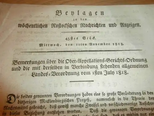 Beylagen zu Rostocker Zeitung ,1818 , Rostock , Obergericht , Gericht , Mecklenburg !!!