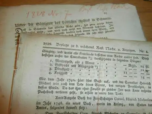 Konvolut Beylagen zu Rostocker Zeitung ,1824-1828 , Güstrow , Plau , Viereck , Lübisches Recht , Mecklenburg !!!