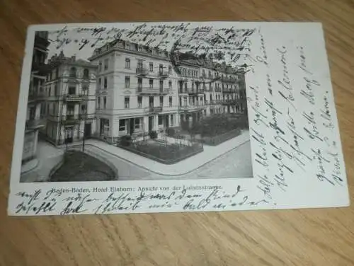 alte AK - Baden-Baden  , 1914 , Hotel Einhorn , Ansichtskarte !! gelaufen nach Bühl in Baden