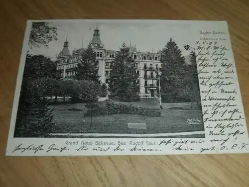 alte AK - Baden-Baden  , 1905, Grand Hotel Bellevue , Ansichtskarte !! gelaufen nach Steglitz b. Berlin