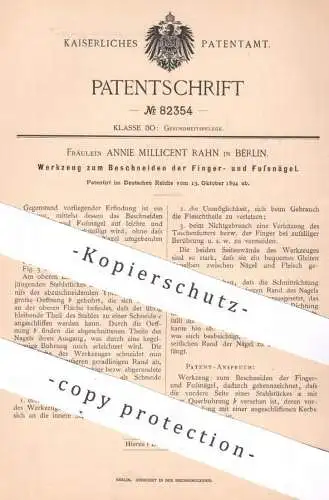 original Patent - Annie Millicent Rahn , Berlin , 1894 , Werkzeug zum Beschneiden der Finger- und Fußnägel | Fingernagel