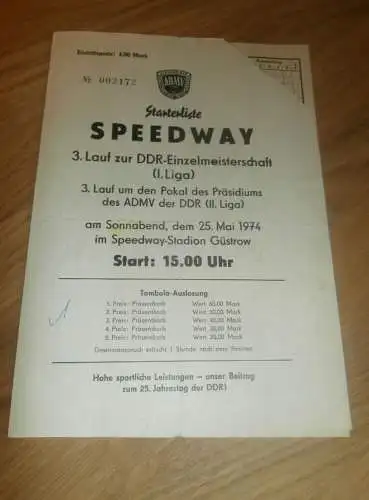 Speedway Güstrow 25.05.1974 , DDR Meisterschaft , Programmheft / Programm / Rennprogramm , program !!!