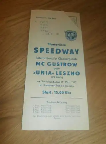 Speedway Güstrow 19.03.1977 , Unia Leszno , Programmheft / Programm / Rennprogramm , program !!!