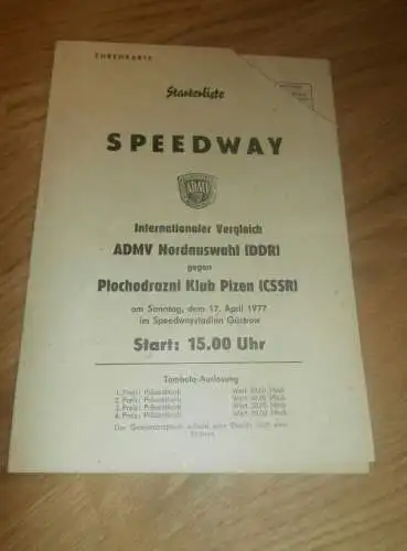 Speedway Güstrow 17.04.1977 , Plzen , Programmheft / Programm / Rennprogramm , program !!!