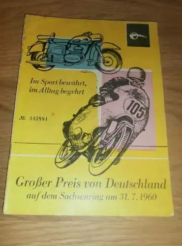 Sachsenring Weltmeisterschaft 31.07.1960 , Motorradrennen , Programmheft / Programm / Rennprogramm , program !!!