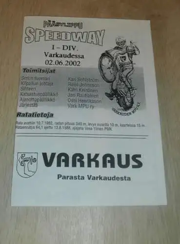 Speedway Varkaudessa 2.06.2002 , Programmheft / Programm / Rennprogramm , program !!!