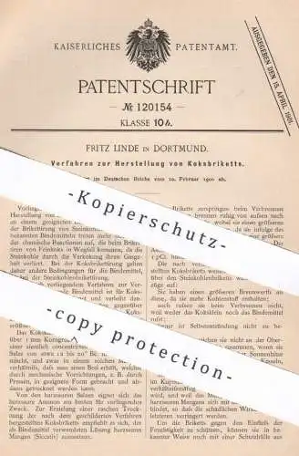 original Patent - Fritz Linde , Dortmund , 1900 , Herstellung von Koksbriketts | Koks , Brikett , Kohle , Kohlen | Ofen