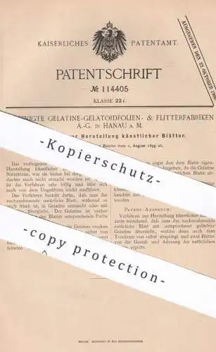 original Patent - Vereinigte Gelatine-Gelatoidfolien- & Flitterfabriken AG , Hanau / Main , 1899 , künstliche Blätter