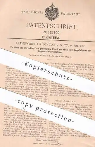 original Patent - Aktienweberei R. Schwartz & Co. Krefeld , 1899 , gemusterter Plüsch auf Samt - Webstuhl | Weben !!