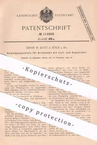 original Patent - Ernst H. Kotz , Köln / Rhein , 1899 , Selbstgangschloss für Drehbank mit Leit- u. Zugspindel | Schloss