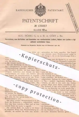 original Patent - Aug. Hönig GmbH , Köln / Rhein , 1901 , Triebwerk für Leitern & Heben von Lasten per verdichteter Gase