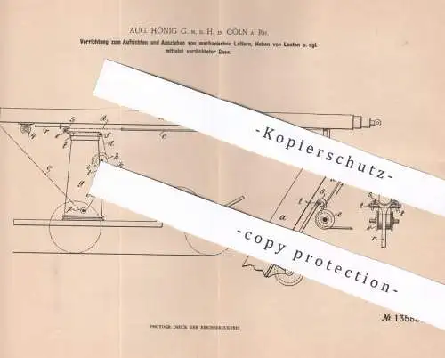 original Patent - Aug. Hönig GmbH , Köln / Rhein , 1901 , Triebwerk für Leitern & Heben von Lasten per verdichteter Gase