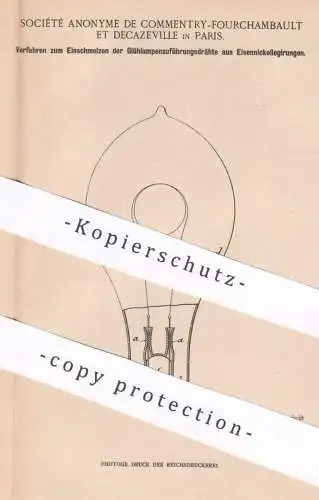 original Patent - Société Anonyme de Commentry Fourchambault et Decazeville , Paris Frankreich | Glühlampen | Nickel !!!