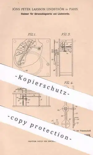 original Patent - Jöns Peter Larsson Lindström , Paris , Frankreich 1900 , Hammer für Uhrenschlagwerk u. Läutewerk | Uhr