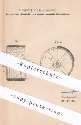 original Patent - R. Ernst Fischer , Barmen 1900 , Walzenbürste aus mehreren Bürsten | Bürste | Walze | Gummiermaschine