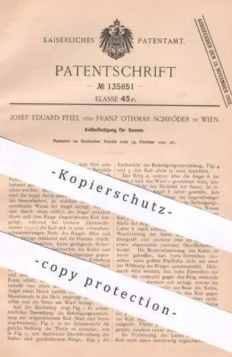 original Patent - Josef Eduard Pfiel , Franz Othmar Schröder , Wien , Österreich , Keilbefestigung für Sensen | Sense