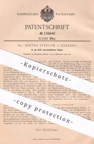 original Patent - Bertha Strelow , Dresden , 1901 , Kombiniertes Bett u. Sofa | Sopha | Couch | Möbel | Klappcouch !!!