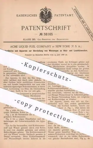 original Patent - Acme Liquid Fuel Company , New York , USA , 1886 , Wassergas für Heiz- u. Leuchtzwecke | Gas , Heizung