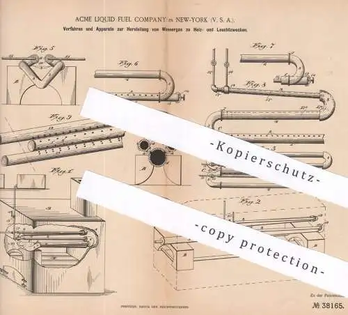 original Patent - Acme Liquid Fuel Company , New York , USA , 1886 , Wassergas für Heiz- u. Leuchtzwecke | Gas , Heizung