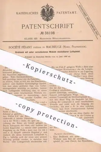 original Patent - Société Pésant Frères , Maubeuge , Nord , Frankreich , 1886 , Drehbank mit stellbarer Leitspindel