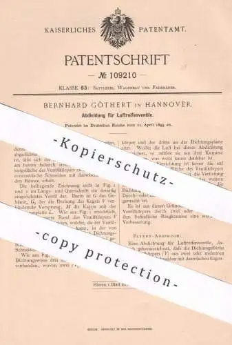 original Patent - Bernhard Göthert , Hannover , 1899 , Abdichtung für Luftreifenventil | Reifen - Ventil | Fahrrad , Rad