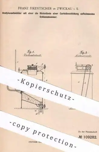 original Patent - Franz Fikentscher , Zwickau , 1898 , Acetylenentwickler mit Schlammkammer | Karbid , Carbid , Gas