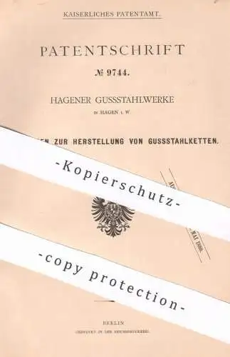 original Patent - Hagener Gussstahlwerke , Hagen / Westfalen , 1879 , Gussstahlketten | Guss - Stahl - Ketten | Eisen !!