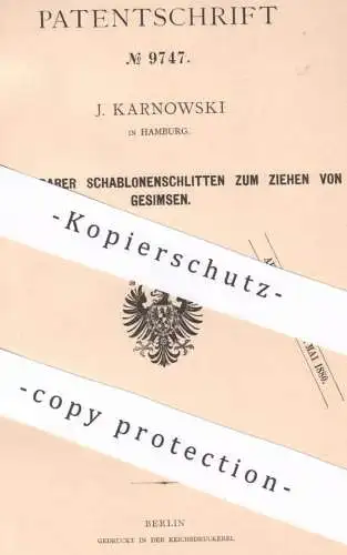 original Patent - J. Karnowski , Hamburg , 1879 , Schablonenschlitten für Haus - Sims , Fassade | Bau , Hochbau !!