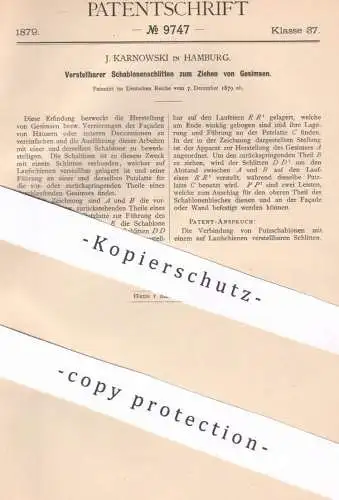 original Patent - J. Karnowski , Hamburg , 1879 , Schablonenschlitten für Haus - Sims , Fassade | Bau , Hochbau !!