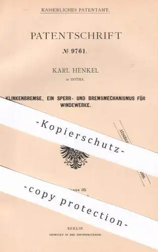 original Patent - Karl Henkel , Gotha , 1879 , Klinkenbremse für Windewerke | Winde , Seilwinde , Bremse , Hebezug !!!