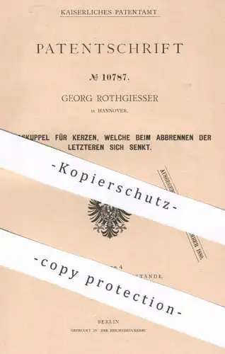 original Patent - Georg Rothgiesser , Hannover , 1880 , Glaskuppel für Kerzen | Kerze , Glas , Lampe , Kerzenständer !!