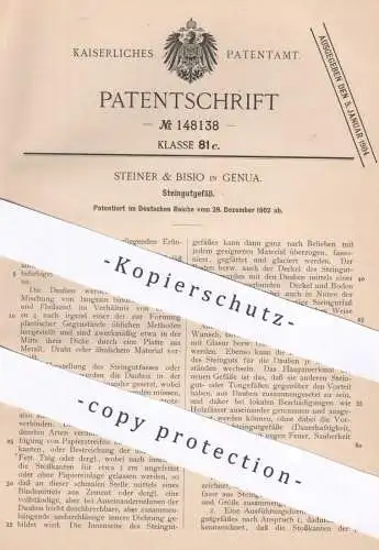 original Patent - Steiner & Bisio , Genua , Italien , 1902 , Steingutgefäß | Steingut , Gefäß , Ton , Fass , Fässer !!!