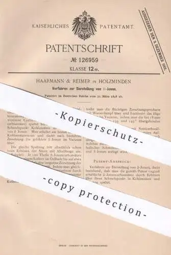 original Patent - Haarmann & Reimer , Holzminden | 1898 | Darstellung von ß-Jonon | Kohlensäure , Säure | Chemie