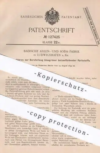 original Patent - Badische Anilin- & Soda-Fabrik , Ludwigshafen , 1899 , blaugrüne beizenfärbende Farbstoffe | Farbe !!!