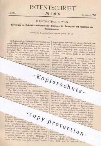 original Patent - B. Lindenthal , Wien , Österreich , 1880 , Knäulwickelmaschinen | Garn , Faden , Nähen | Lindenthal