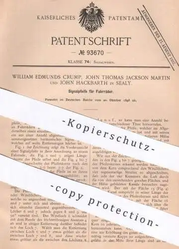 original Patent - William Edmunds Crump , John Thomas Jackson Martin , John Hackbarth | Sealy | 1896 | Pfeife am Fahrrad