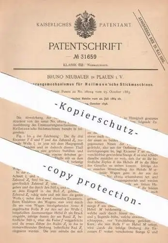 original Patent - Bruno Neubauer , Plauen , 1884 , Umsteuerung für Stickmaschinen von Heilmann | Sticken , Nähmaschine