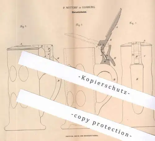 original Patent - P. Wittorf , Hamburg , 1879 , Bierseideldeckel | Bierkrug - Deckel , Glas | Gläser !!