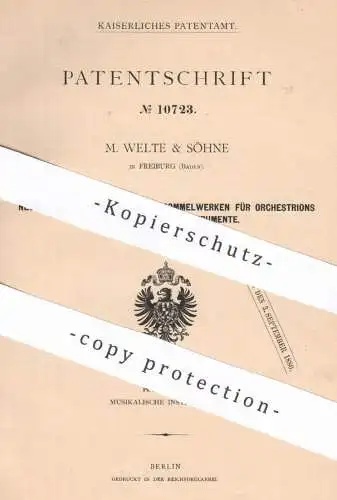 original Patent - M. Welte & Söhne , Freiburg , Baden , 1880 , mechan. Trommelwerk für Orchestrion u. Musikinstrumente