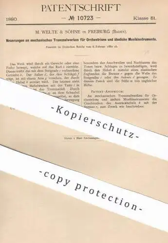 original Patent - M. Welte & Söhne , Freiburg , Baden , 1880 , mechan. Trommelwerk für Orchestrion u. Musikinstrumente