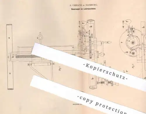 original Patent - A. Umbach , Hamburg , 1880 , Liniermaschinen | Zeichnen , Druck , Druckerei , Lineal !!