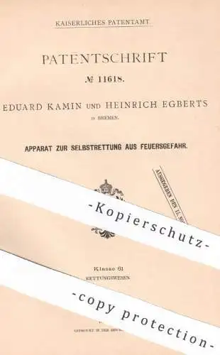 original Patent - Eduard Kamin & Heinrich Egberts , Bremen , 1880 , Selbstrettung aus Feuersgefahr | Feuerwehr , Brand